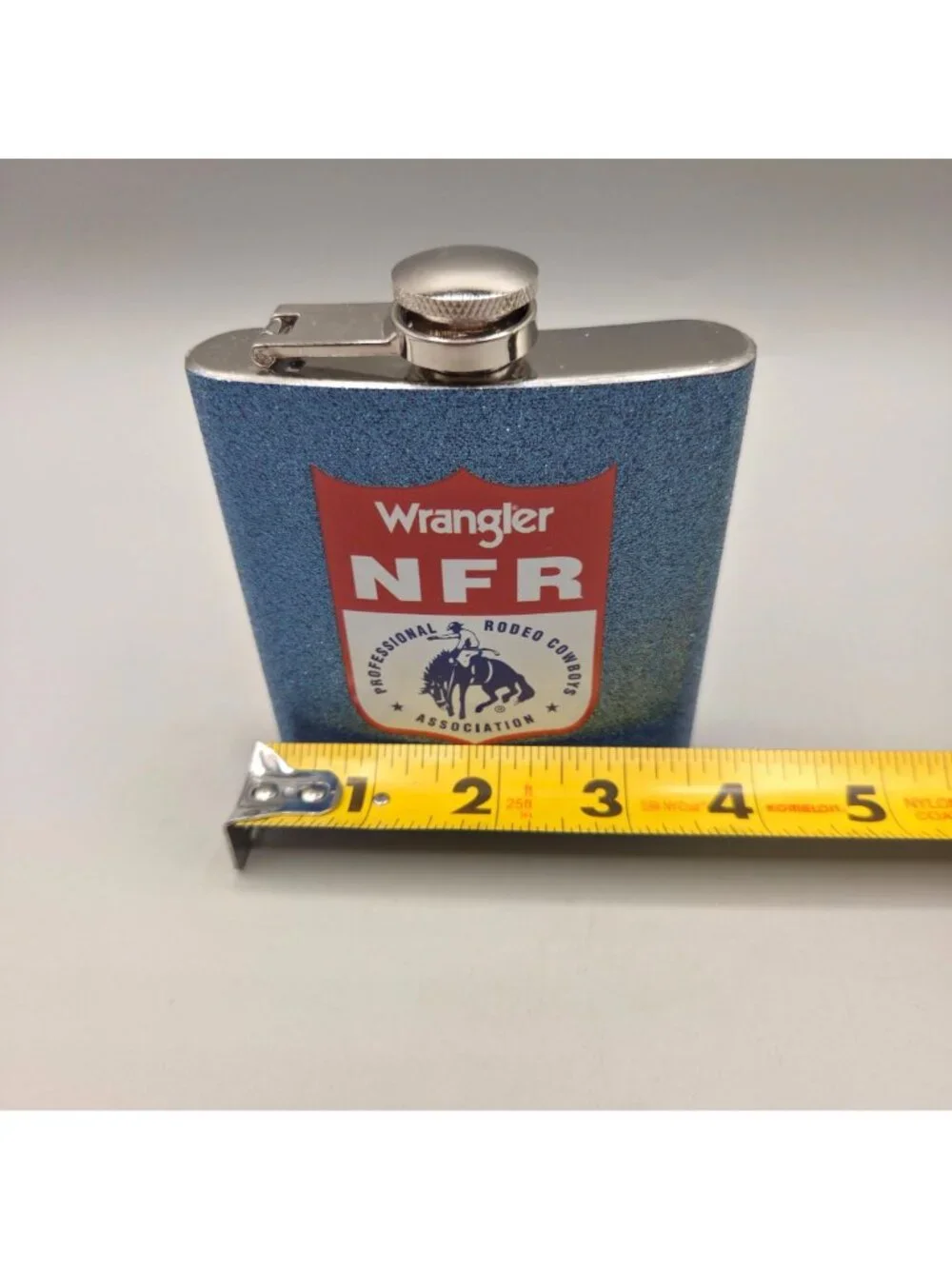Wrangler NFR Pocket Hip Flask Glitter Blue Stainless Steel 6 Oz Rodeo Design